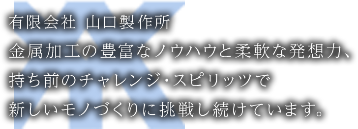 金属加工の豊富なノウハウと柔軟な発想力、持ち前のチャレンジ・スピリッツで新しいモノづくりに挑戦し続けています。